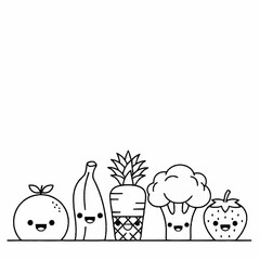 Cute cartoon fruits and vegetables standing in a row on white background