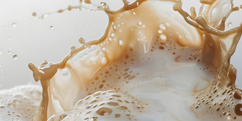 Captivating macro shot showing a dynamic splash of creamy, brown liquid mixing with a white substance, featuring intricate details of droplets and bubbles against a softly lit, neutral background,...