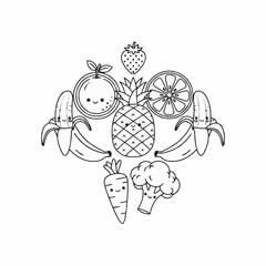 Whimsical arrangement of happy cartoon fruits and vegetables with crown