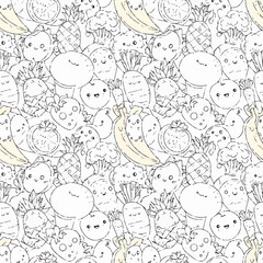 Seamless pattern of happy cartoon fruits and vegetables for coloring