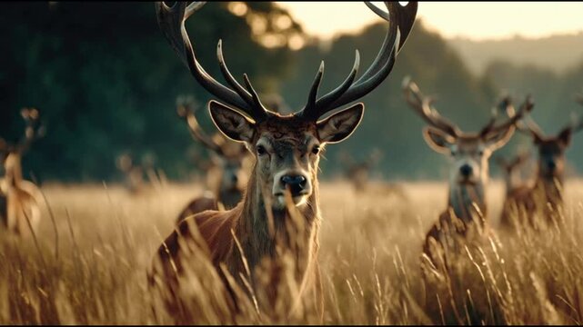 A herd of deer with large antlers roaming freely in a golden meadow at sunrise