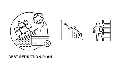 Debt Reduction Plan: circular ship icon with life preserver, downward-trend chart, and ladder-climber in minimalist line art