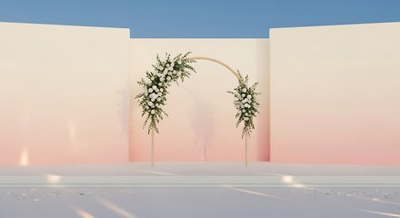 Minimalist event stage adorned with floral arch and gradient background