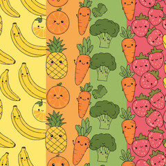 Playful pattern with rows of smiling cartoon fruits and vegetables