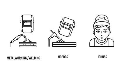 Minimalist line-art welding safety icons set: metalworking, PPE and helmet illustration