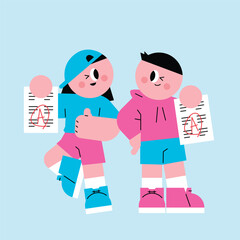 Happy Students Proudly Displaying A Grades. Happy student feeling proud after finishing homework.