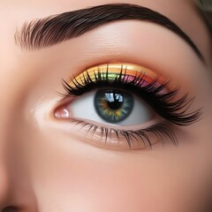 Close-up of a woman's eye with vibrant rainbow eyeshadow and long eyelashes