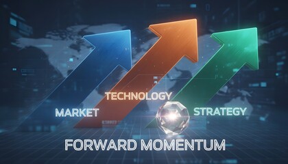 Dynamic digital business growth concept with three rising arrows representing technology, market expansion, and strategic momentum in global economy