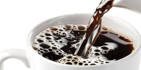 Freshly brewed dark beverage is poured from a ceramic container into a white mug, creating bubbles on the surface, all set against a pure white backdrop, highlighting the dark liquid?s texture and...
