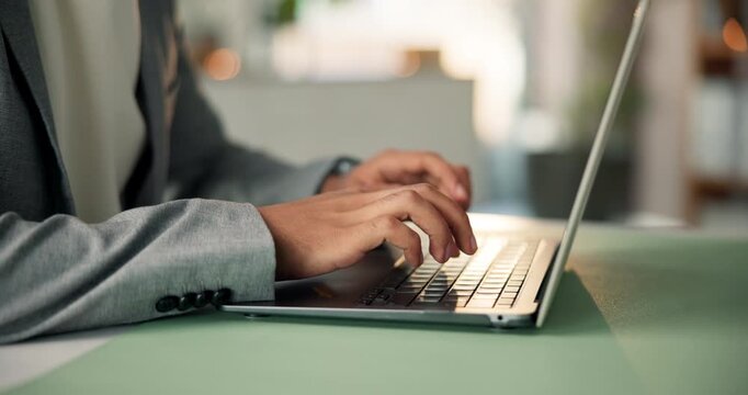 Typing, journalist or hands in office with laptop, industry research or edit of article. Digital, source verification or man in agency with tech, proofreading or fact check for news publication.