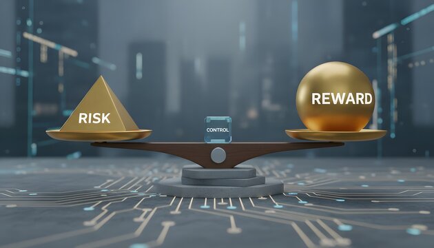 Risk vs Reward Balance in Financial Trading: Seesaw Scale with Control Icon, Abstract Cityscape Background for Stock and Finance Concepts