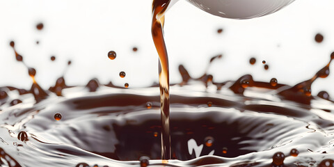 Dark liquid cascading gracefully, creating a splash with droplets and ripples.