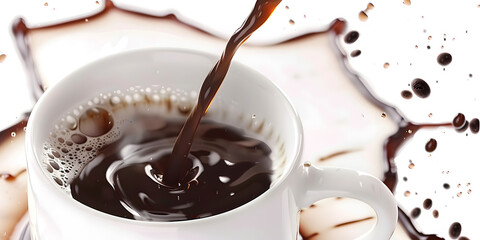 Rich dark coffee cascading into a pristine white ceramic mug, creating an energetic splash and a captivating display of swirling liquid with tiny bubbles, all set against a clean white background.