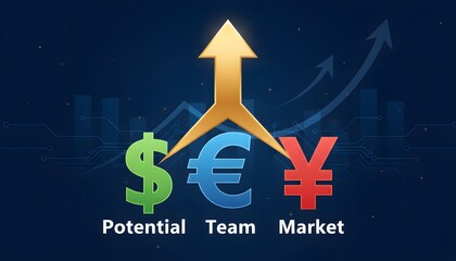 Obraz premium Global currency symbols with upward arrows signaling team-driven market growth, potential investment, financial opportunity, and economic momentum