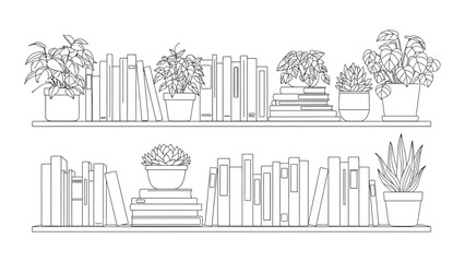 A detailed line art illustration depicting two shelves filled with a collection of books and indoor plants