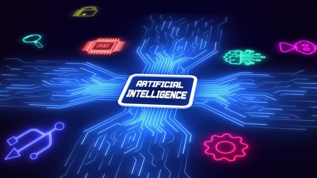 Artificial intelligence architecture displayed with vibrant neon icons on a blue glowing digital circuit layout.
