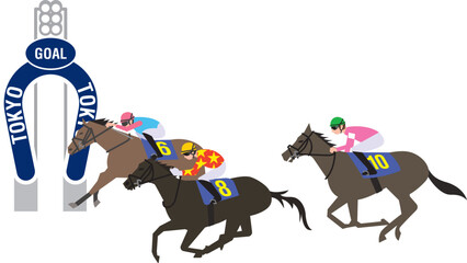 競馬場のゴール板とゴール直前の競走馬