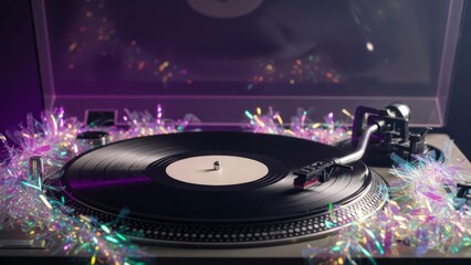 Vintage Turntable with Vinyl Record and Festive Tinsel Decorations.