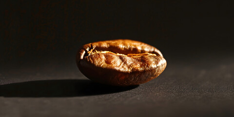 Single roasted coffee bean resting on a dark surface, showcasing its intricate texture and rich brown color, illuminated by directional light creating a dramatic shadow and highlighting its unique...