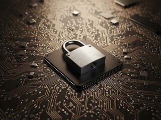 Cybersecurity Padlock on Microchip - Digital Security Concept.