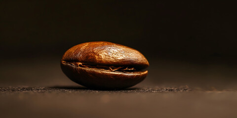 Single roasted coffee bean captured in extreme  on a dark, textured surface, showcasing detailed textures and warm brown tones, with the shallow depth of field blurring the background, creating a...