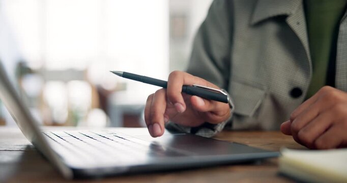 Scroll, journalist or hands in office with laptop, industry research or edit of news article. Notes, source verification or man in agency with tech, proofreading or fact check for digital publication