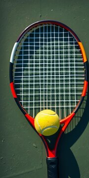 Overhead view of a tennis racket and ball on a hard court,  aerial,  leisure