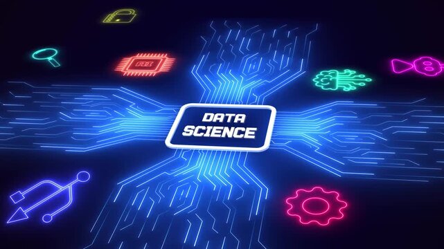 Data science and statistical analysis technology visualized through neon icons on a blue glowing electronic circuit.