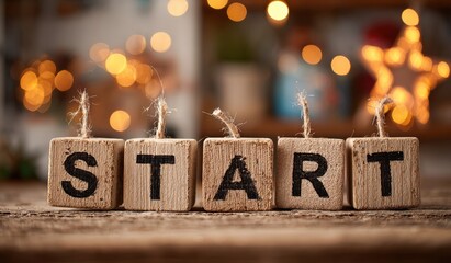 Wooden blocks spell START, offering a tangible and rustic reminder of new beginnings. ..Created with Generative AI, not depicting real subjects.