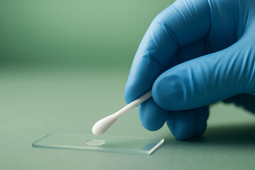 Laboratory technician hand in blue glove using a cotton swab to prepare a glass microscope slide smear