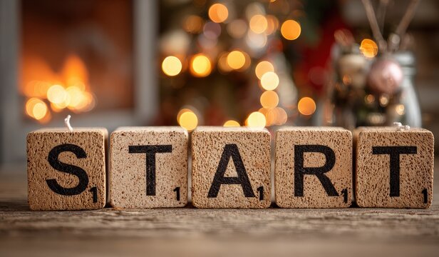 A motivational message is conveyed through the word START composed of scrabble tiles, conveying the potential for new beginnings. ..Created with Generative AI, not depicting real subjects.