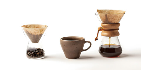Coffee brewing equipment and a ceramic mug sit on a clean white surface, showcasing the preparation process with roasted coffee beans and fresh brewing beverages.