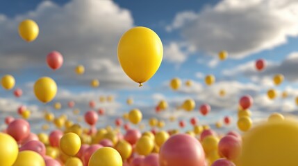 Colorful balloons floating in a bright blue sky with fluffy clouds creating a festive and joyful atmosphere in a summer landscape