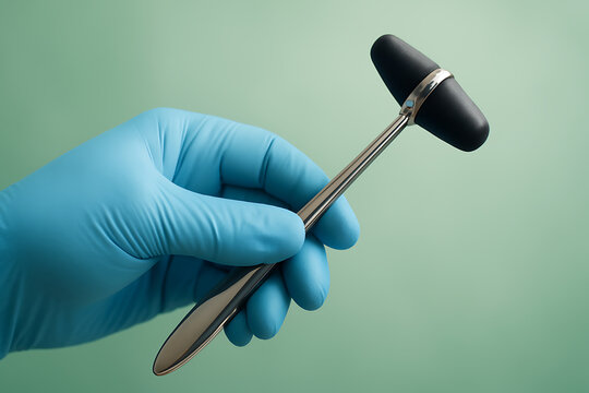 Neurologist hand in blue glove holding a rubber reflex hammer instrument for medical nerve diagnostic testing
