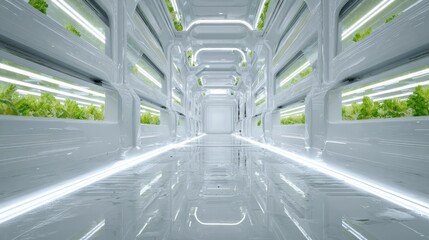 A futuristic corridor with bright illumination, integrated green spaces, and a modern aesthetic. ..Created with Generative AI, not depicting real subjects.
