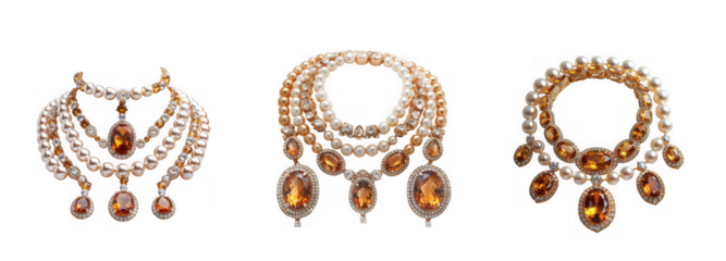 Elegant multi-strand pearl and gemstone necklaces isolated on transparent background