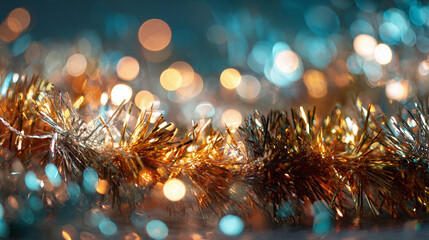 Colourful shiny tinsel decoration closeup with beautiful bokeh light. Abstract christmas and new year background