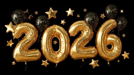 Celebrate the New Year 2026 with Golden Balloons and Sparkling Stars for Party Decorations, Invitations and Social Media Posts