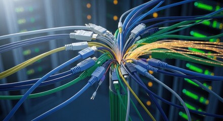 Data cables connect in a server room with glowing lights.
