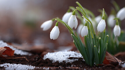 Delicate white snowdrop flowers emerging from the snow, symbolizing the arrival of spring and the renewal of nature