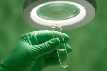 Researcher hand in green glove inspecting a glass test tube with liquid under a bright laboratory light