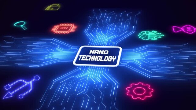 Nano technology and microscale engineering concept, featuring neon icons on a blue glowing electronic circuit layout.