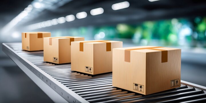 Packages moving on conveyor belt in warehouse - Powered by Adobe