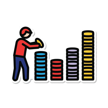 A colorful sticker illustration depicting a person stacking coins into increasing columns, symbolizing financial growth and investment.