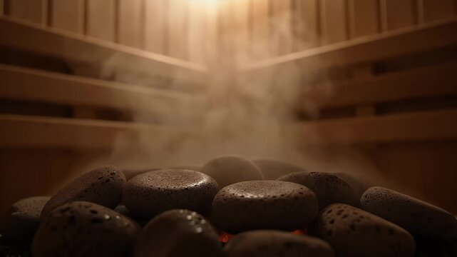 Close Up View of Steaming Hot Sauna Stones Inside a Traditional Wood Sauna