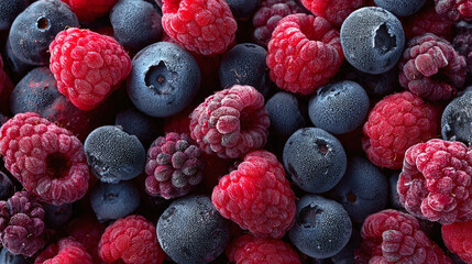 Mix of frozen berries, blueberries and raspberries, closeup photo from above, natural organic vegan raw food ingredient.