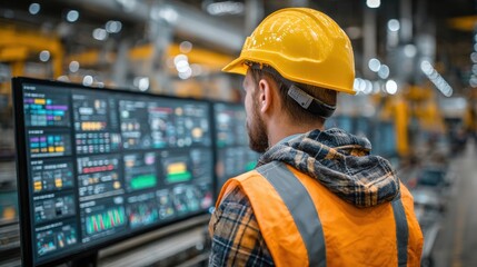 An engineer examines detailed schematics on a vast computer screen within an industrial facility. ..Created with Generative AI, not depicting real subjects.