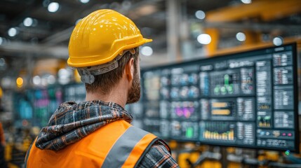 An industrial engineer attentively monitors complex data and visualizations on a large screen within a modern factory environment. ..Created with Generative AI, not depicting real subjects.