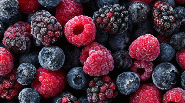 Mix of frozen berries, blueberries and raspberries, closeup photo from above, natural organic vegan raw food ingredient.
