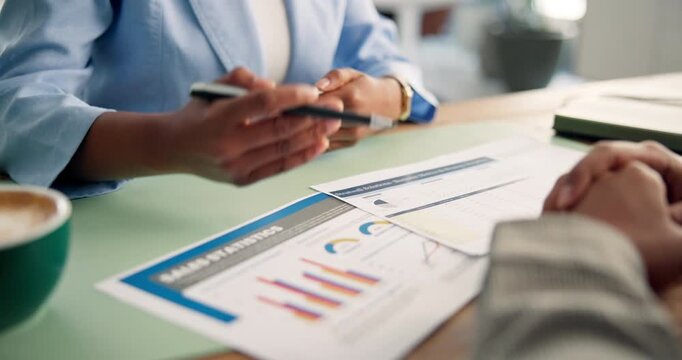 Financial advisor, client or hands with paper at office desk, investment review or performance report. Data analysis, economy breakdown or people with account statistics explanation, charts or graphs